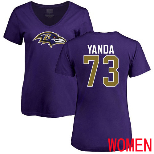 Baltimore Ravens Purple Women Marshal Yanda Name and Number Logo NFL Football #73 T Shirt